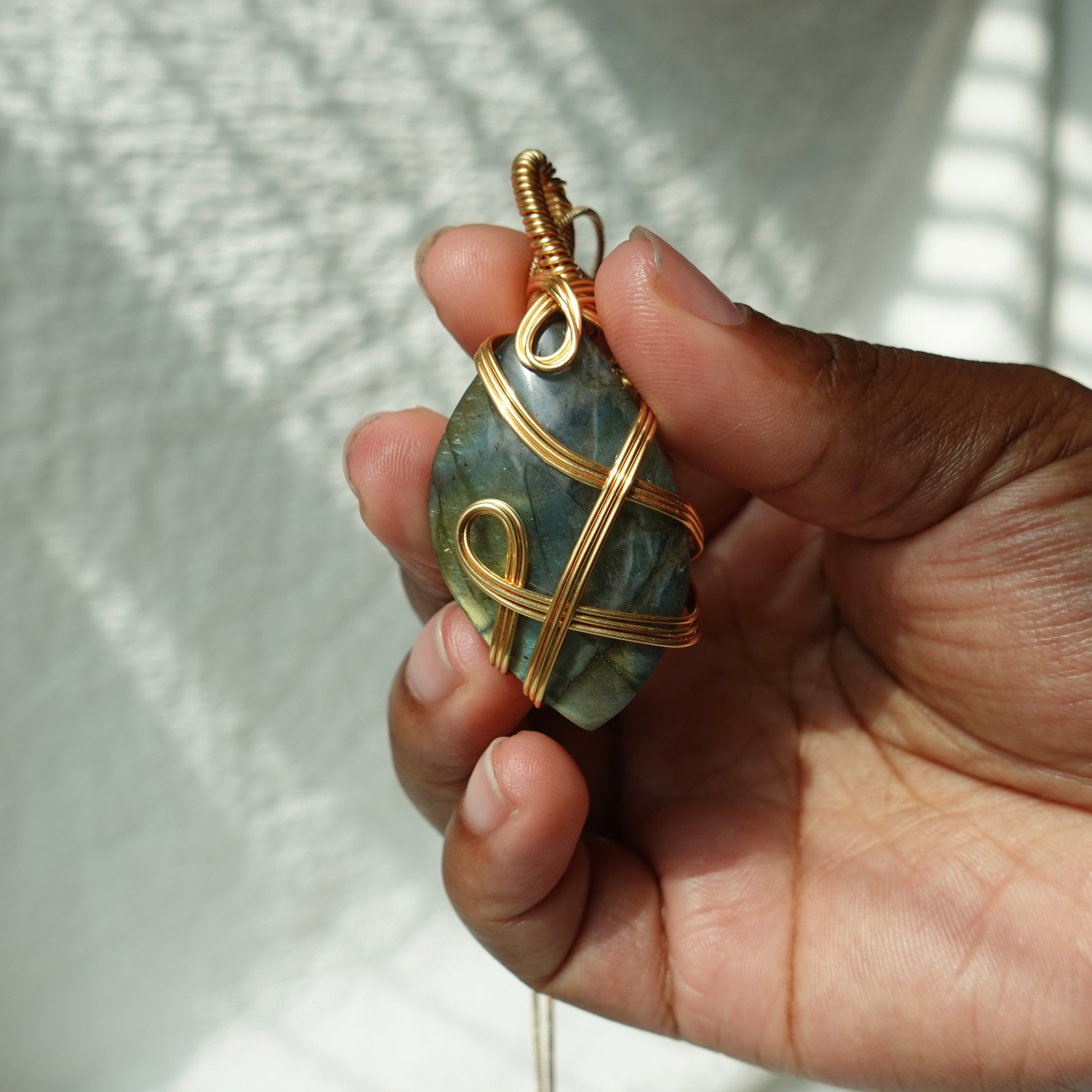 Gold Flash Labradorite Copper Wired Wrapped Pendant