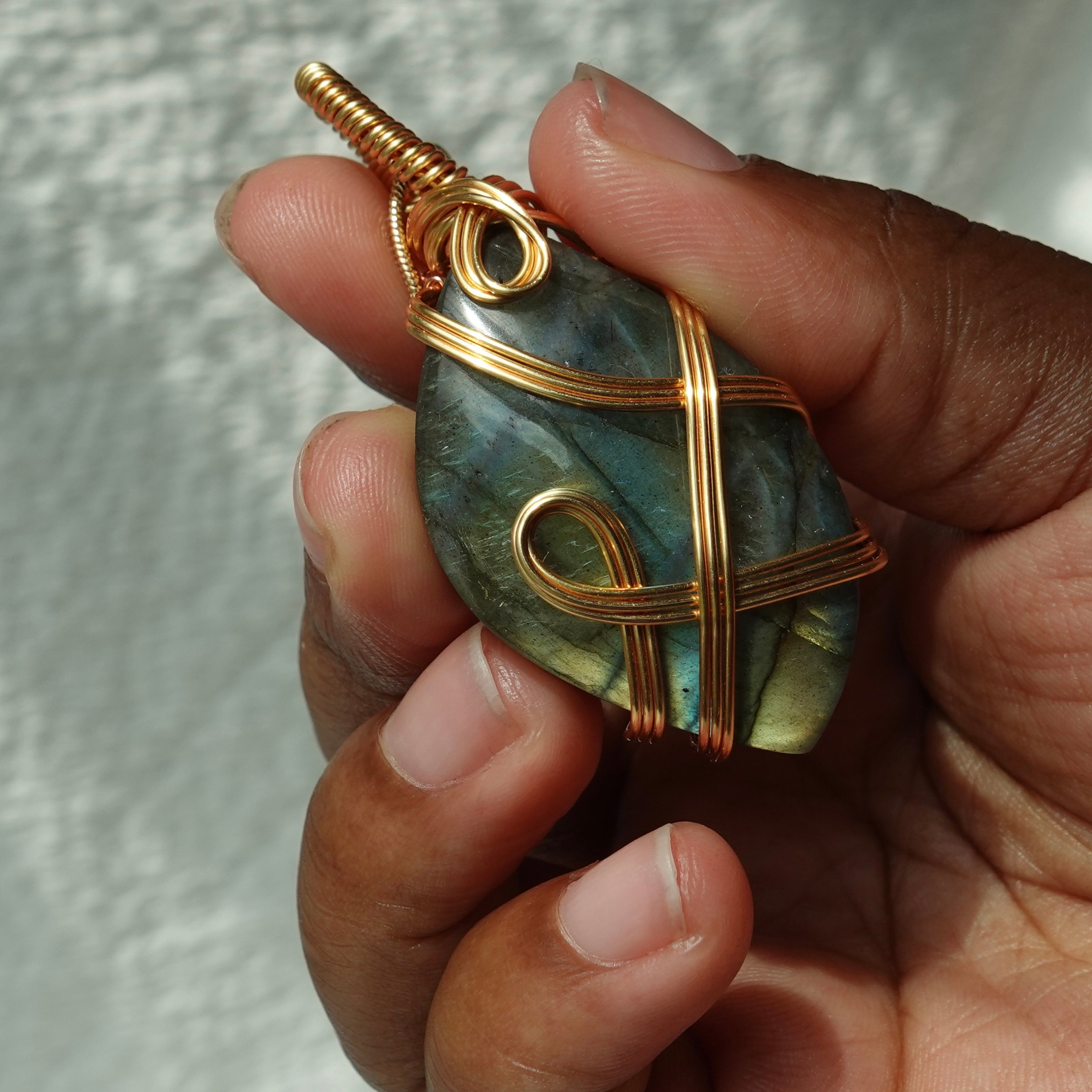 Gold Flash Labradorite Copper Wired Wrapped Pendant