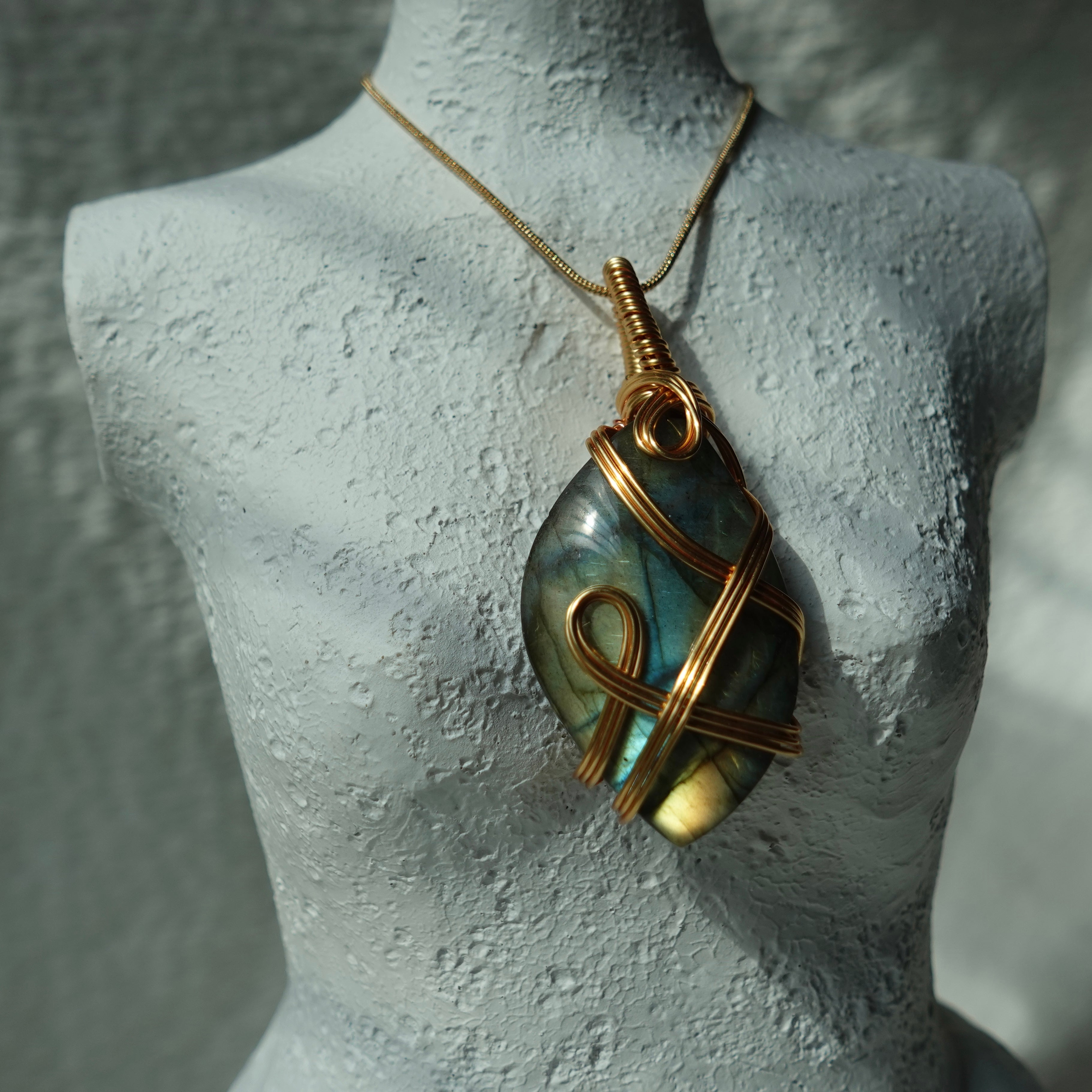 Gold Flash Labradorite Copper Wired Wrapped Pendant