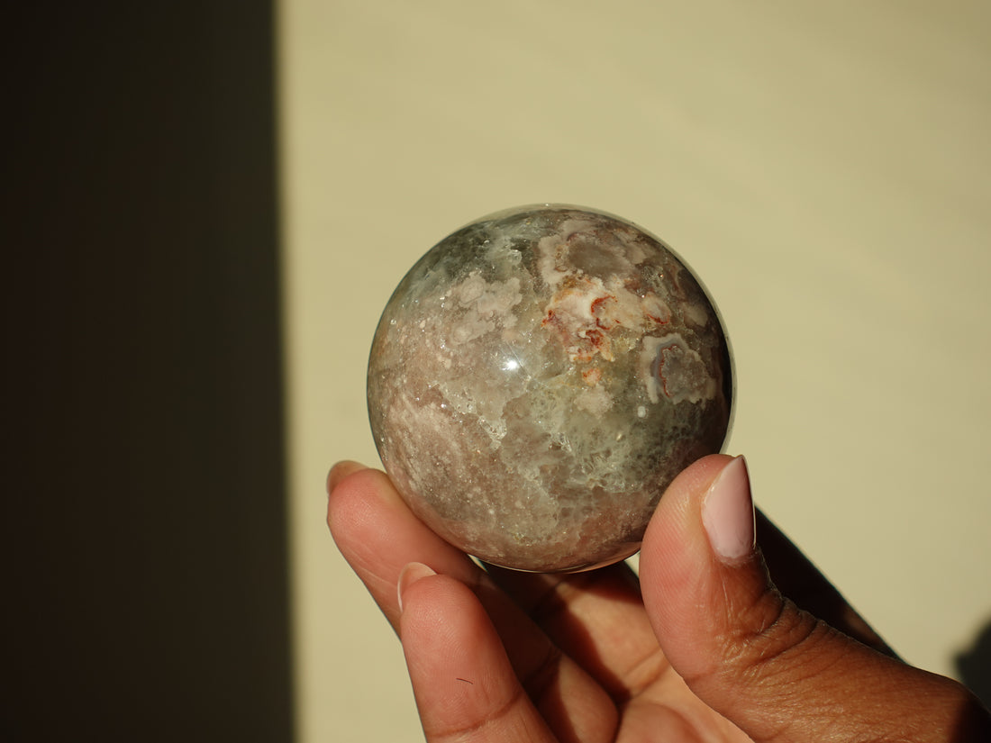 Dreamy Flower Agate with Moss Agate Sphere | 39