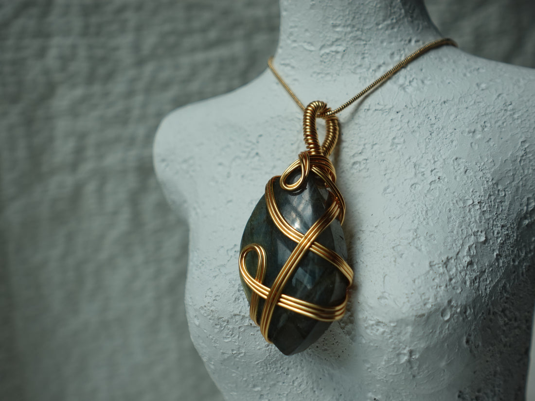 Gold Flash Labradorite Copper Wired Wrapped Pendant