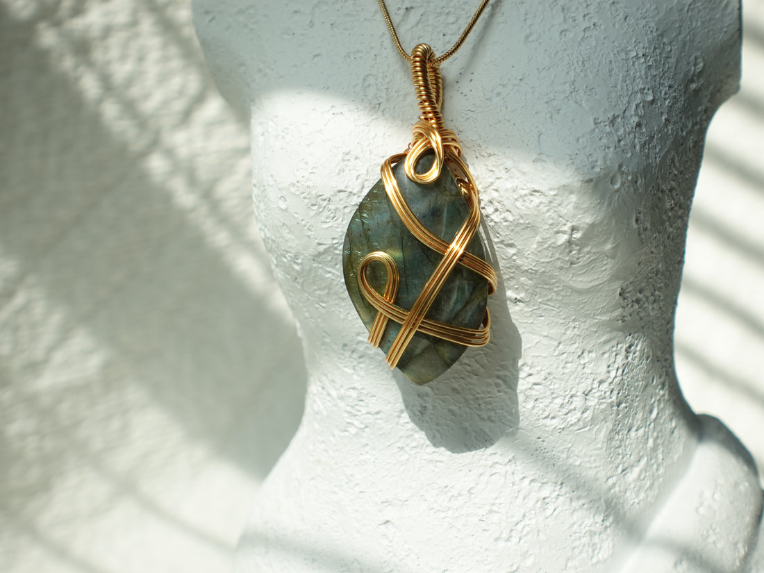 Gold Flash Labradorite Copper Wired Wrapped Pendant